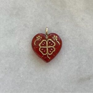 BRAND NEW ~ Solid 14K Gold Heart Clover Pendant, Czech Ruby Red Glass Amulet
